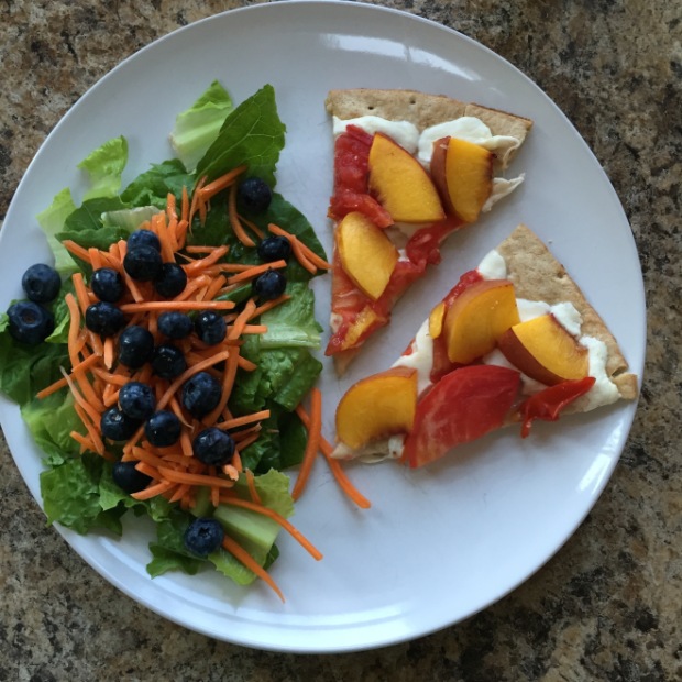 Peach pizza and salad